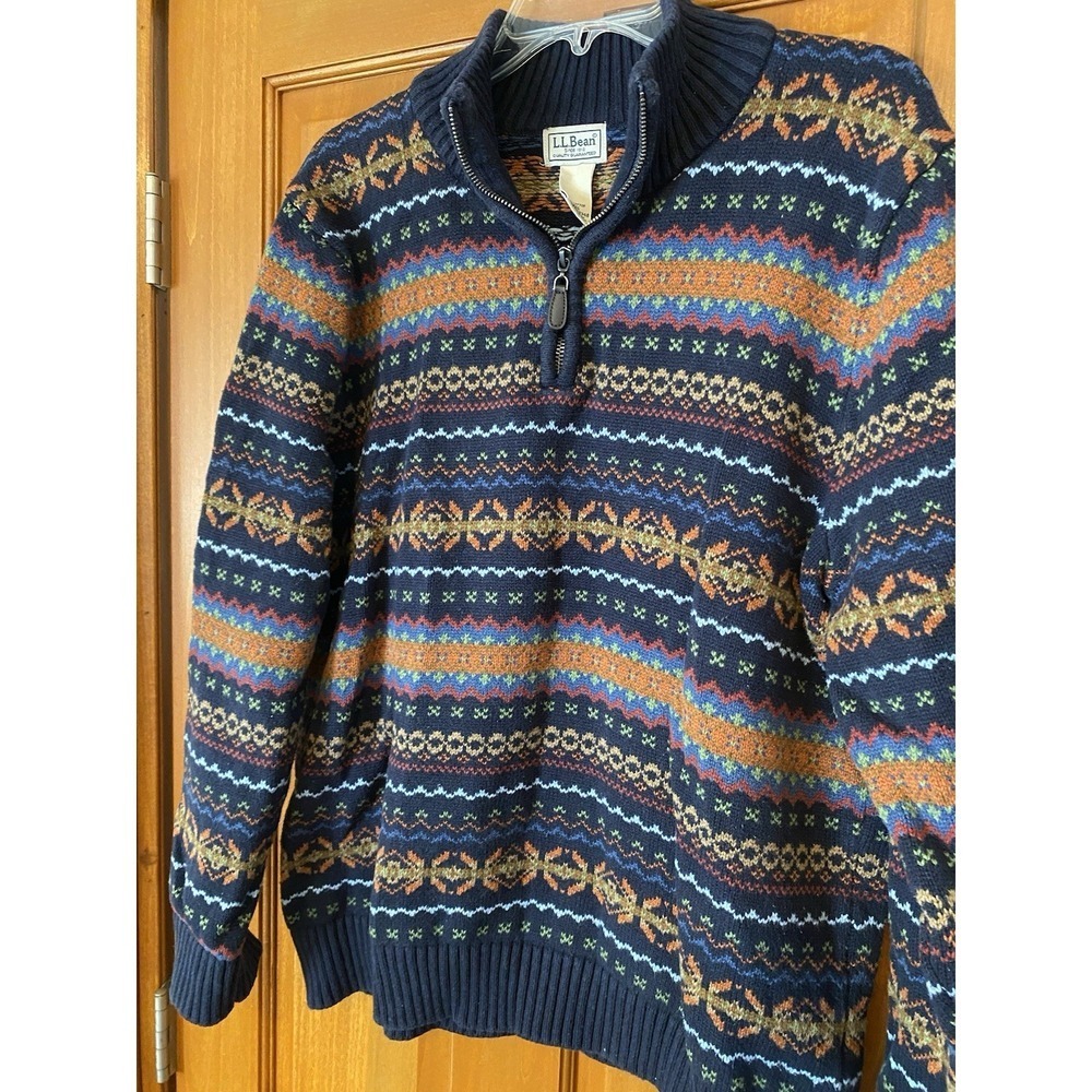 LL Bean 1/4 Zip Sweater Men's Large Fair Isle 100% Cotton Chunky Heavyweight Vtg